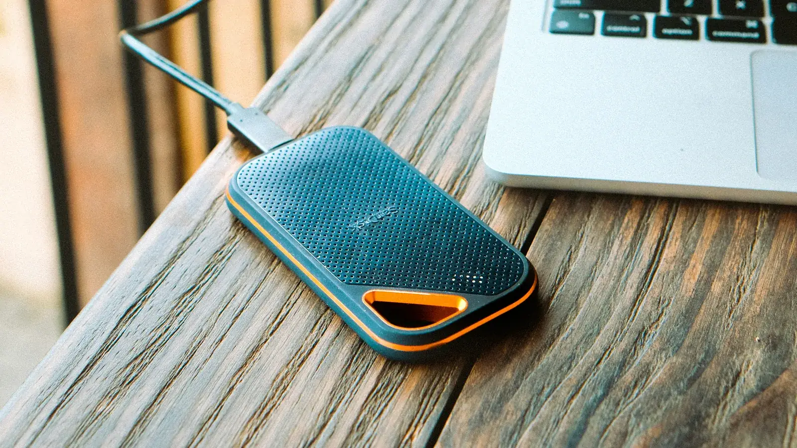External hard drive connected to a laptop