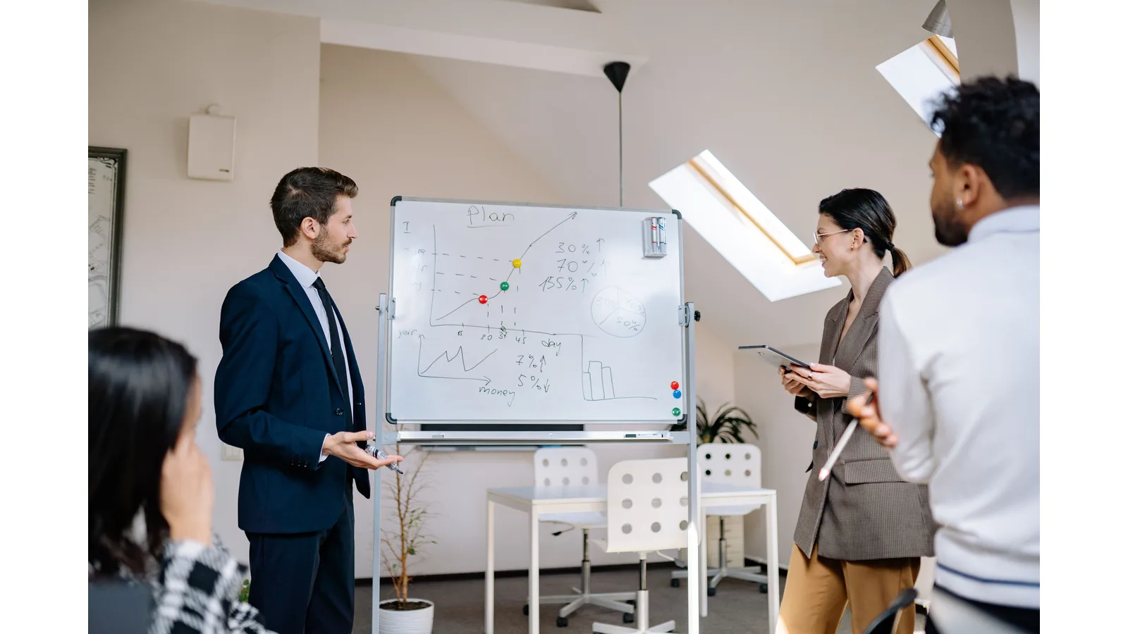 Colleagues discussing notes on a whiteboard