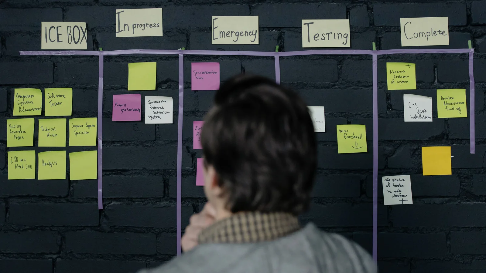 Person reviewing a task board with testing and completion columns