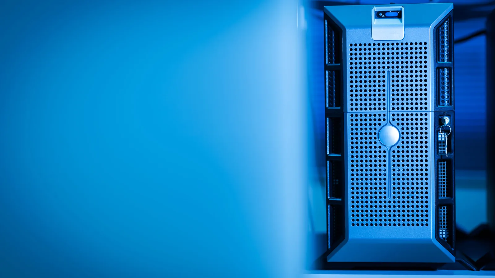 Server tower against a blue background