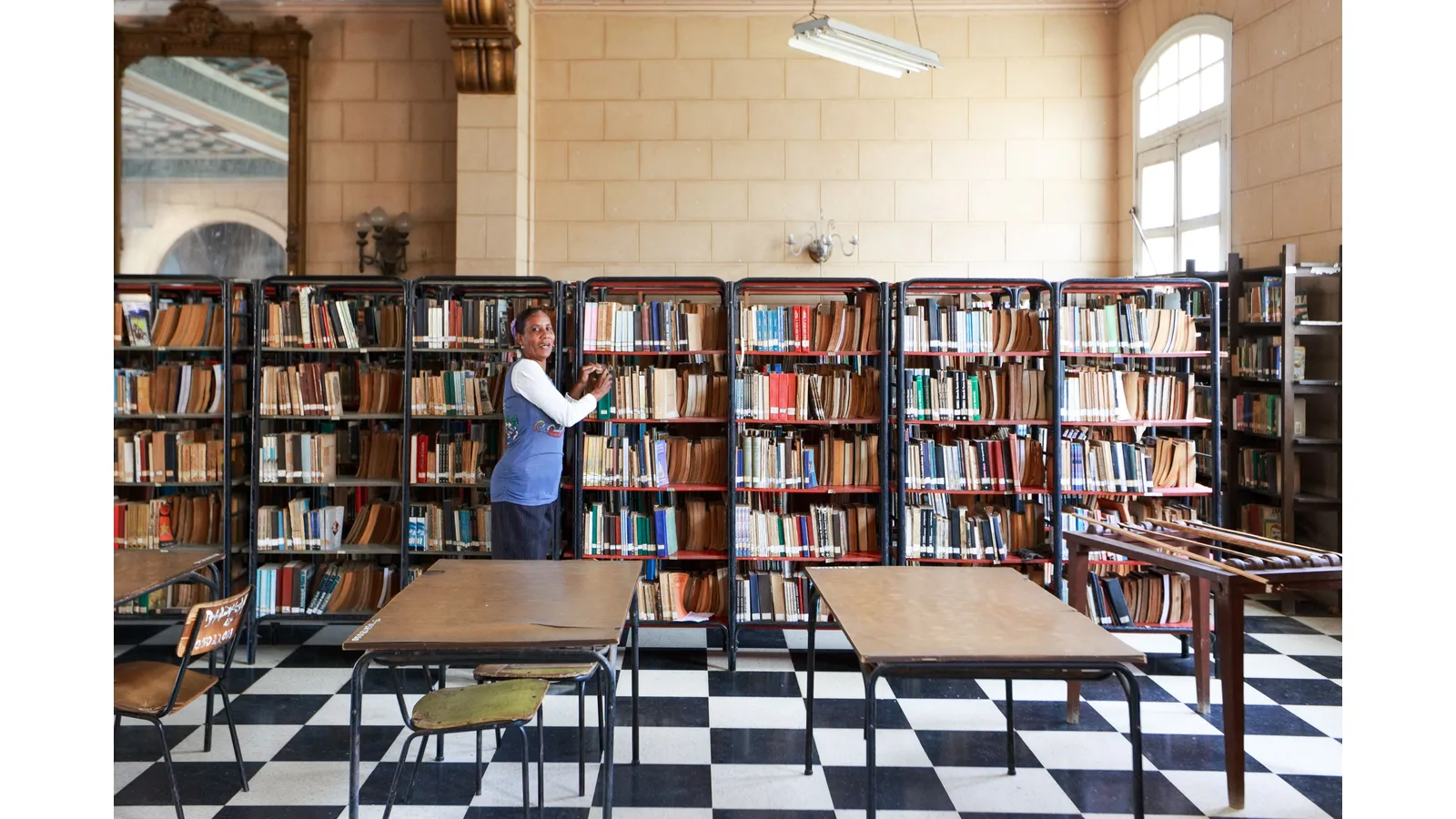 Librarian standing beside shelves of books