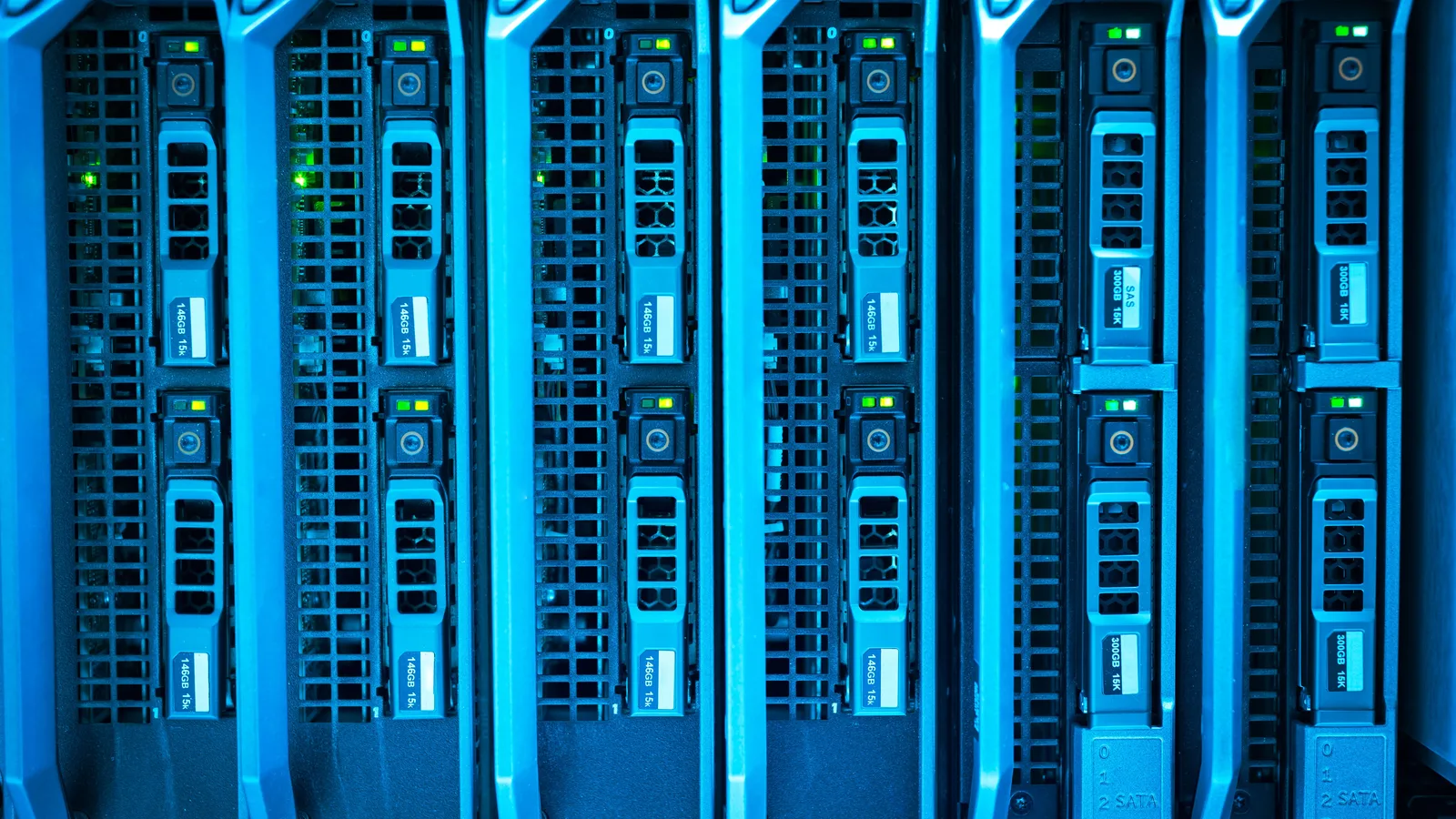 Rows of blue-lit server bays