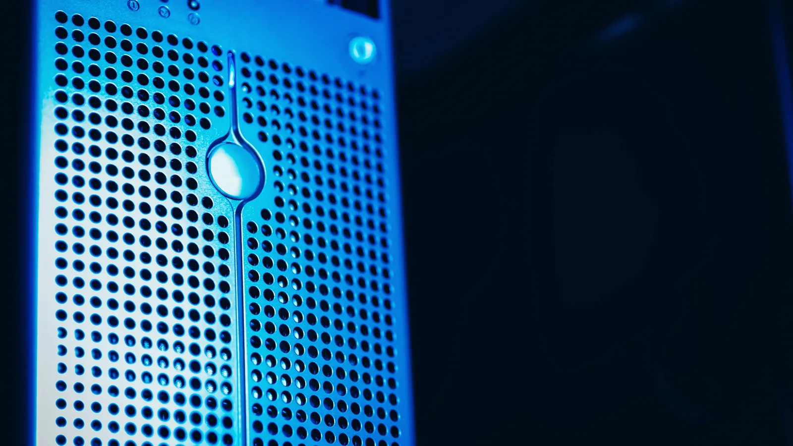 Close-up of a blue-lit server front