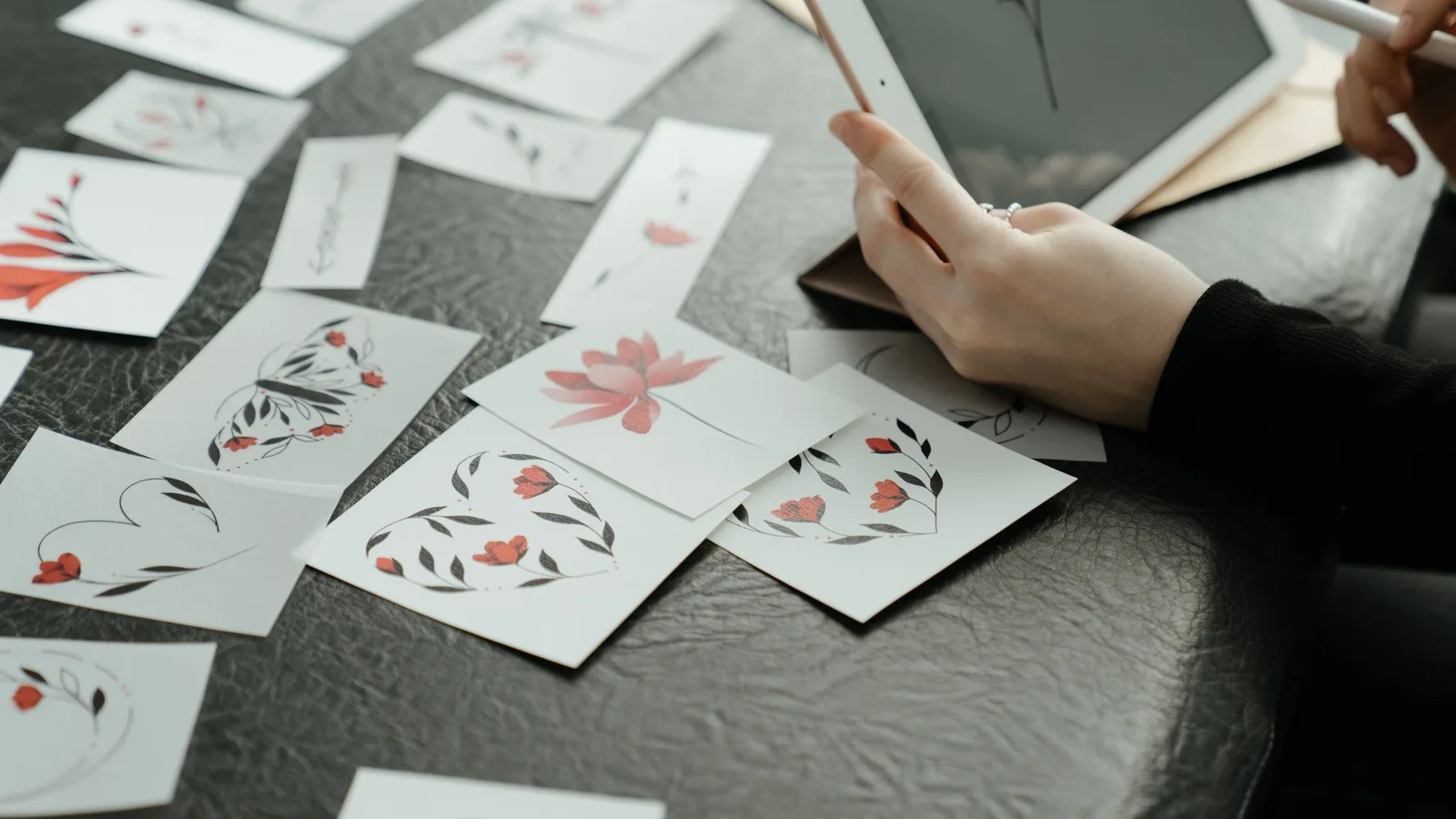 Designer comparing small floral artwork cards