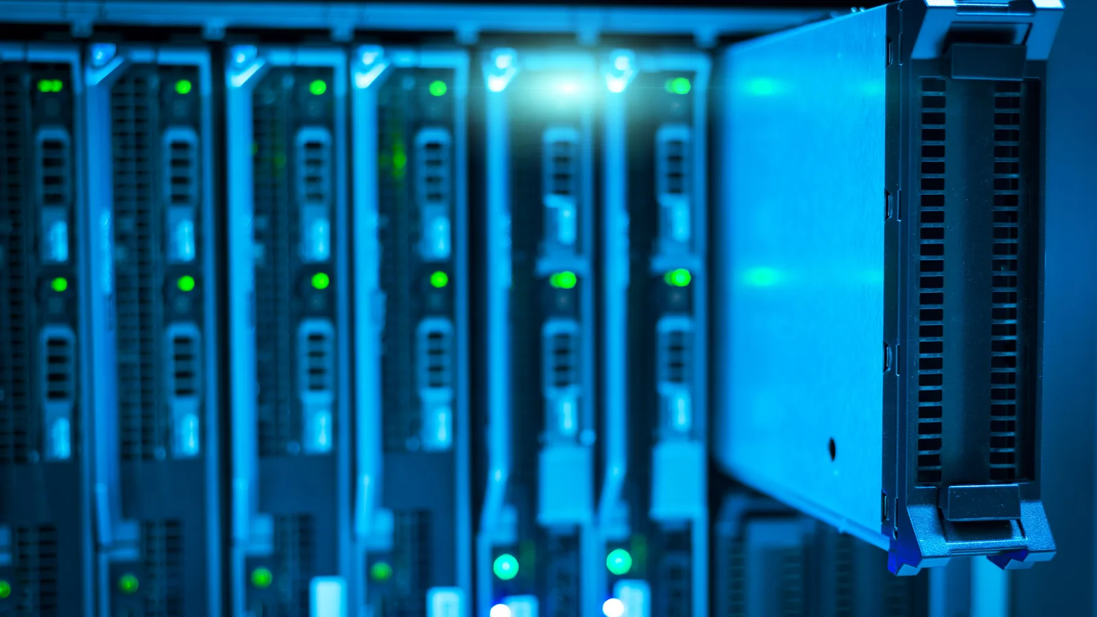Blue-lit server hardware with status lights