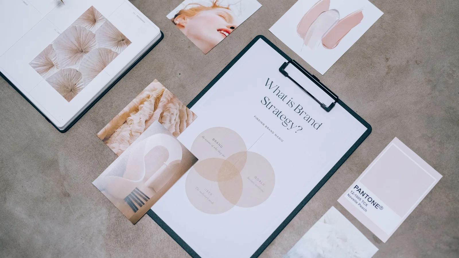 Brand strategy worksheet beside colour swatches and visual references