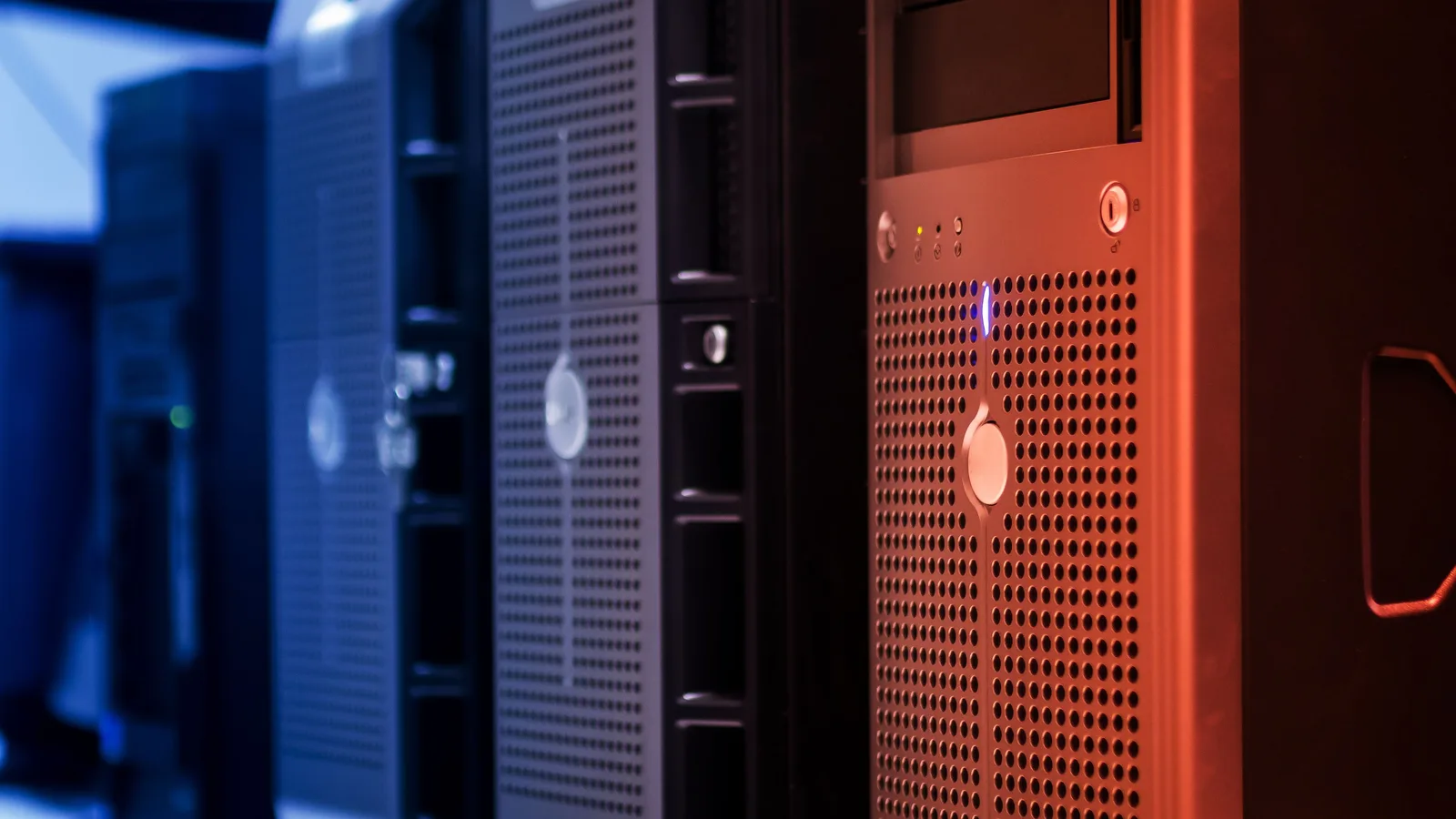 Server towers with blue and red lighting