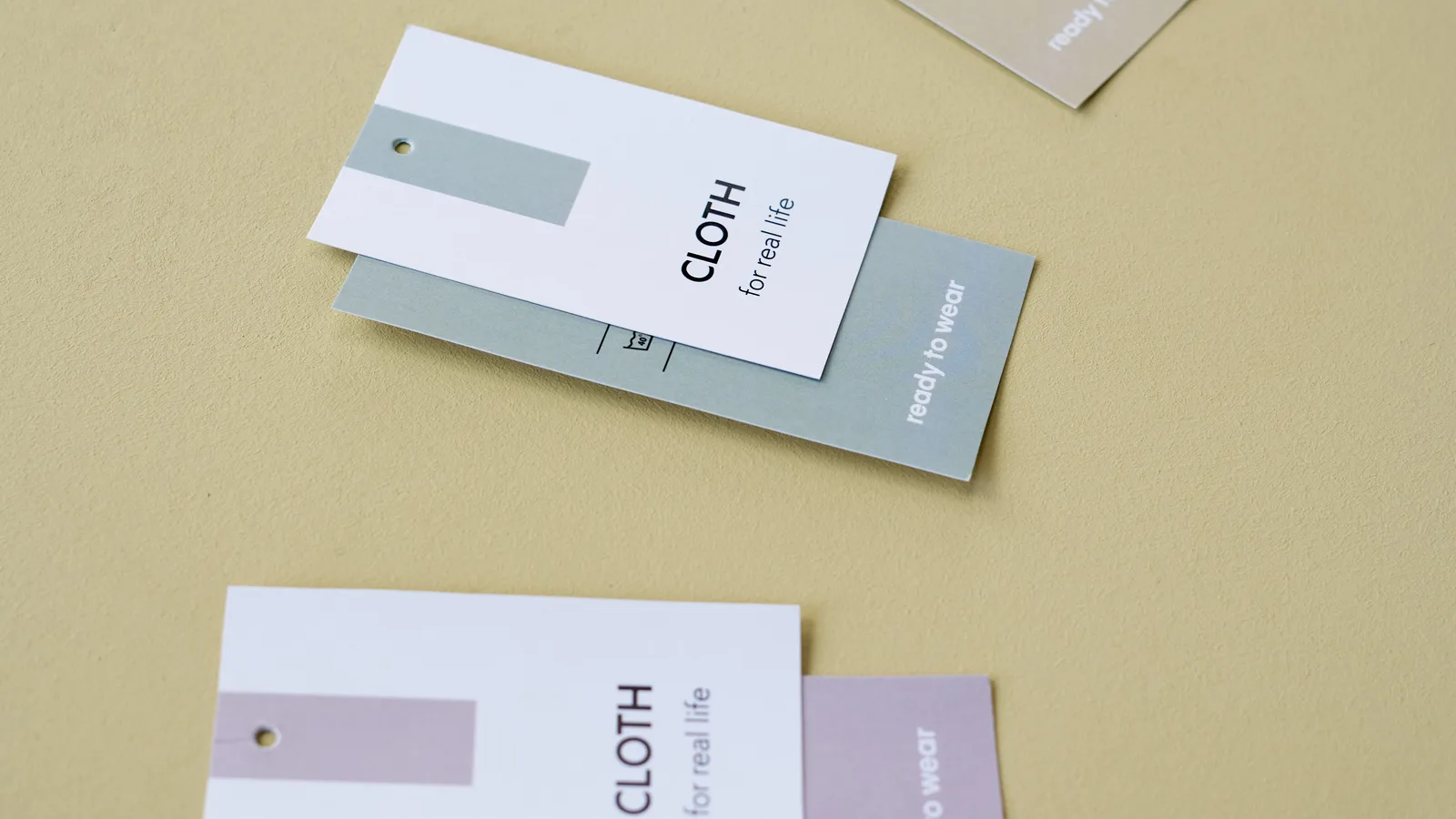 Printed clothing labels arranged together