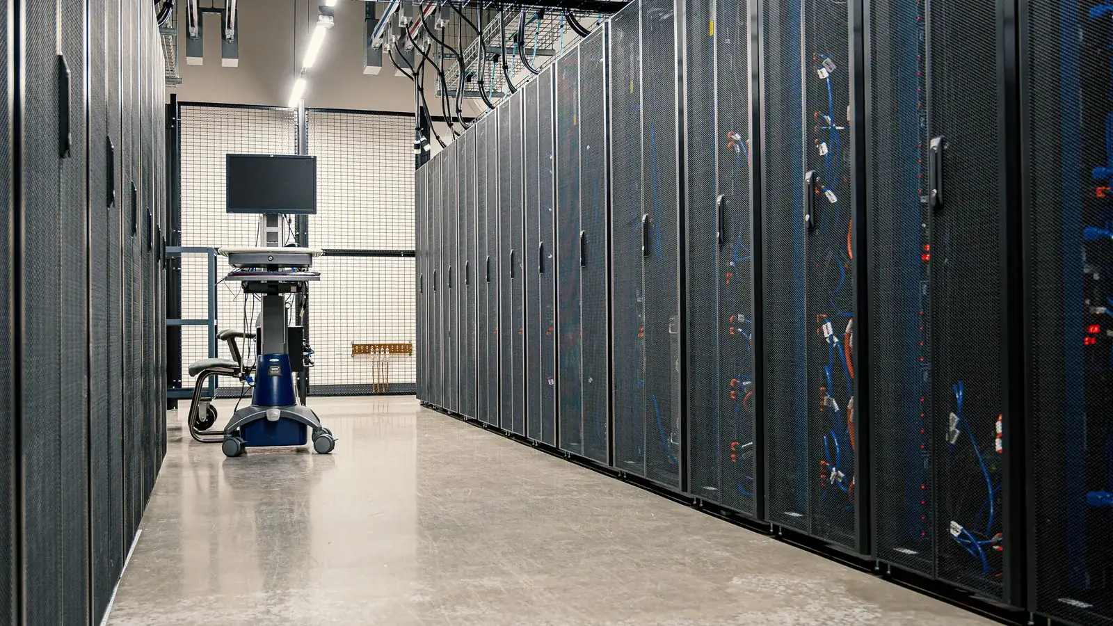 Long aisle of server cabinets