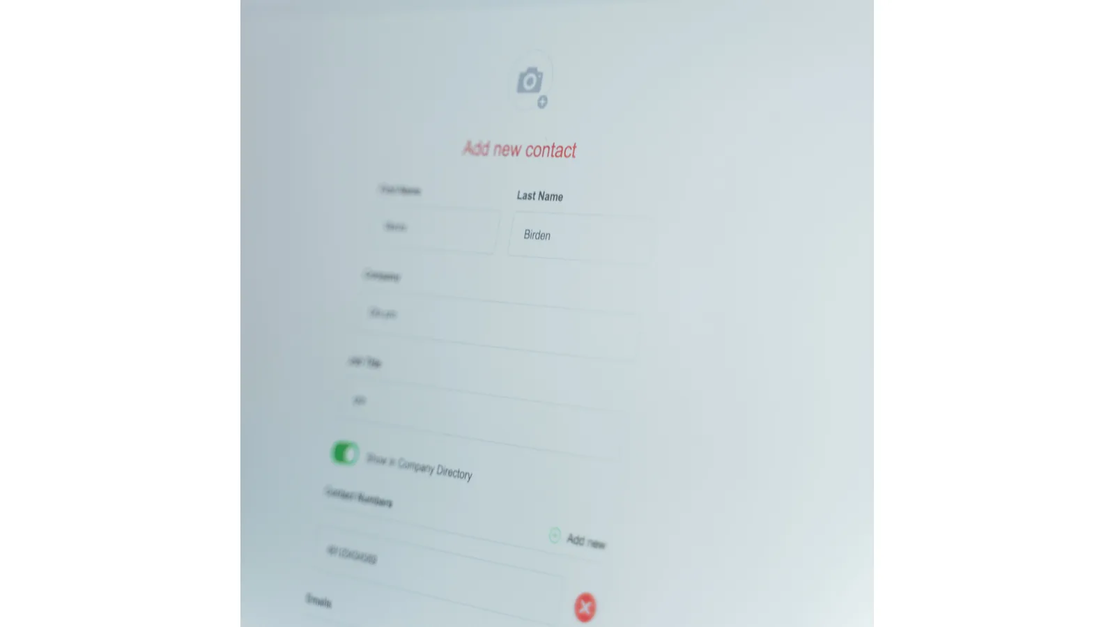 Contact-entry form photographed on a computer screen
