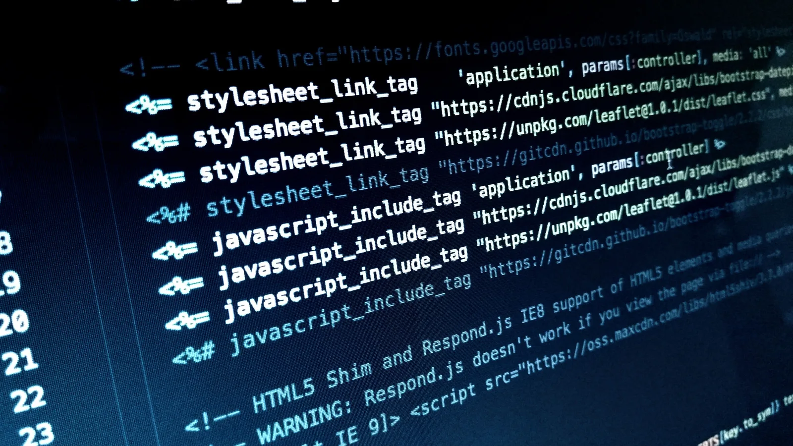 Website source code photographed on a screen